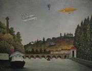 Henri Rousseau View of the Pont Sevres and the Hills of Clamart, Saint-Cloud, and Bellevue with Biplane, Ballon and Dirigible By Henri Rousseau France oil painting artist